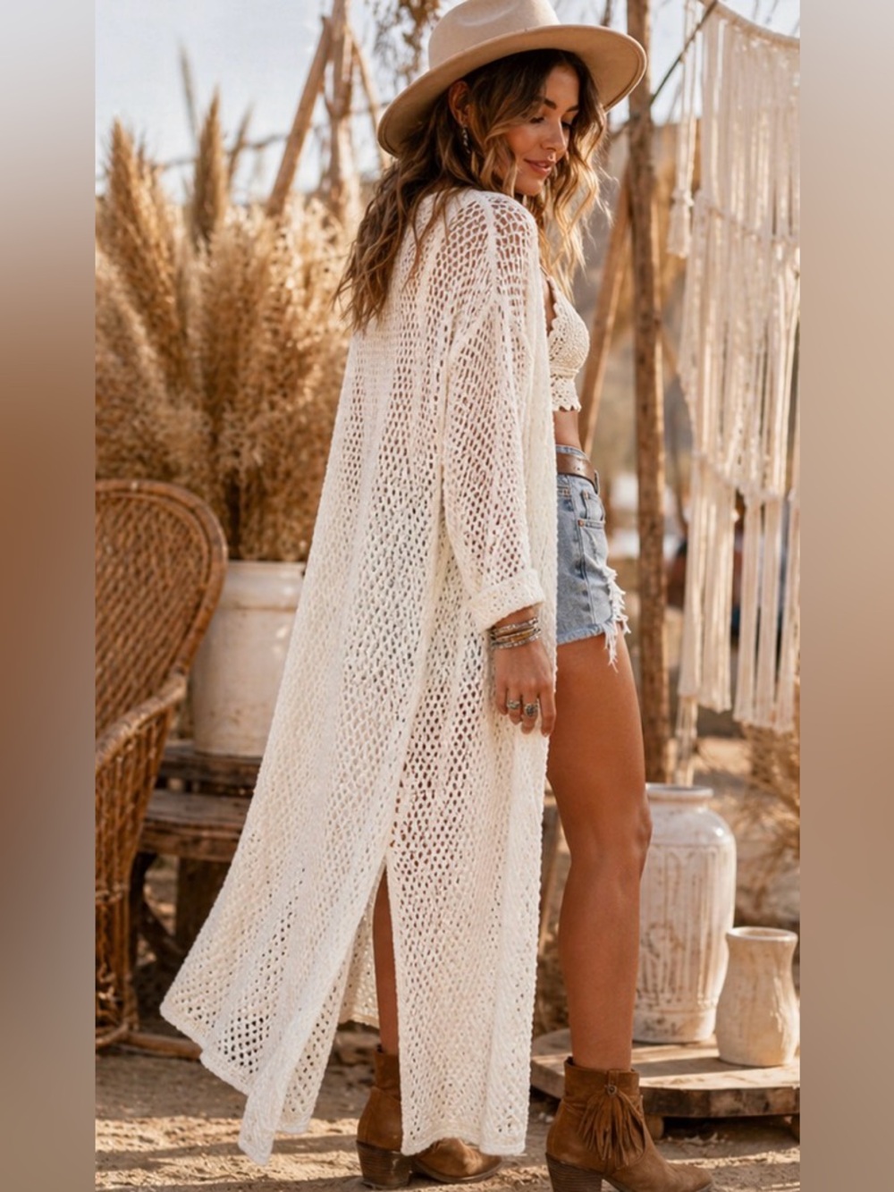 POL BOHO OPEN KNIT OFF WHITE LONG CROCHET CARDIGAN SIZE SMALL NWOT - Picture 2 of 12